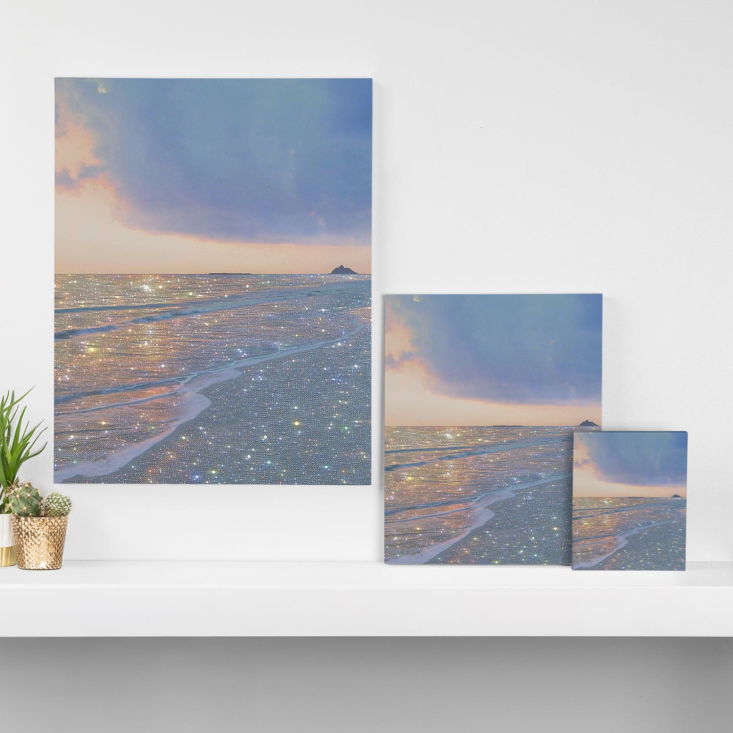 MAGIC OCEAN - glitter artwork by Yana Potter artist. Sparkling waves, pastel blue, beautiful nature. Canvas Print Gallery Image 3