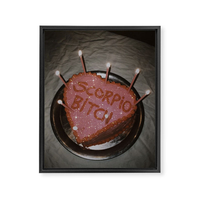 Scorpio cake | birthday | scorpion| november | pink | aesthetic | red | girls | glam | candles | dark | yummy | glitter | collage | diamonds | celebration | festive | celebrate  Framed Canvas Print Gallery Image 1