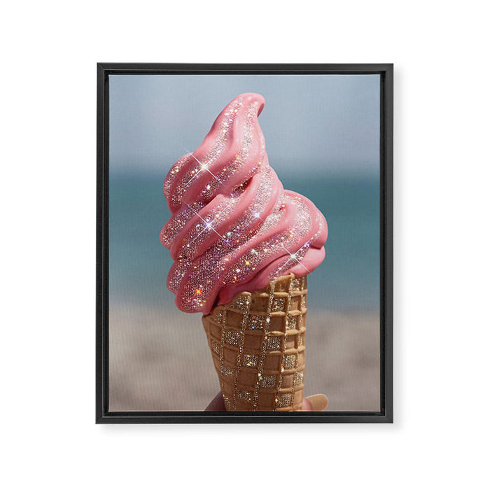 Shiny Pink Ice Cream - Glitter| pastel | pink | art print | beach | | ice cream | summer | ocean  Framed Canvas Print Gallery Image 1
