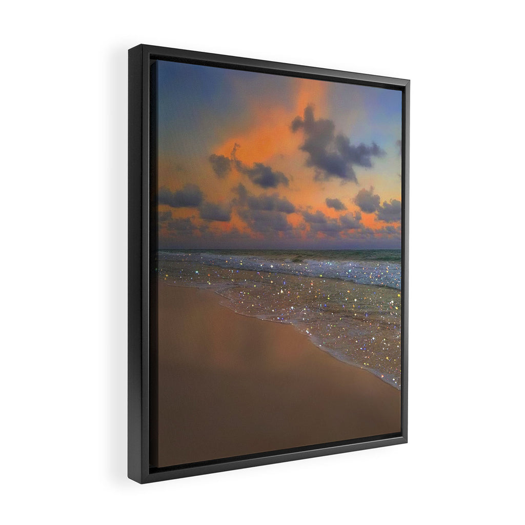 SHINY WAVES | ocean | sea | waves | glitter | collage | sunset | warm | summer | beach | sky Framed Canvas Print Gallery Image 2