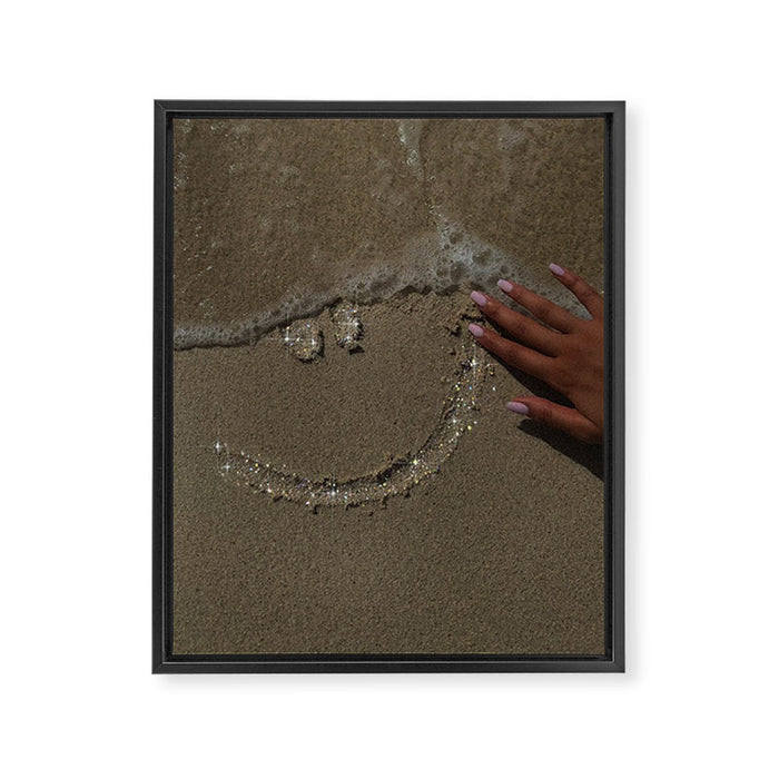 Smile To The Summer | glitter art | collage | hot | beach | diamonds | positive | smiling | vacation | sand | ocean | waves | hand | touching   Framed Canvas Print Gallery Image 1
