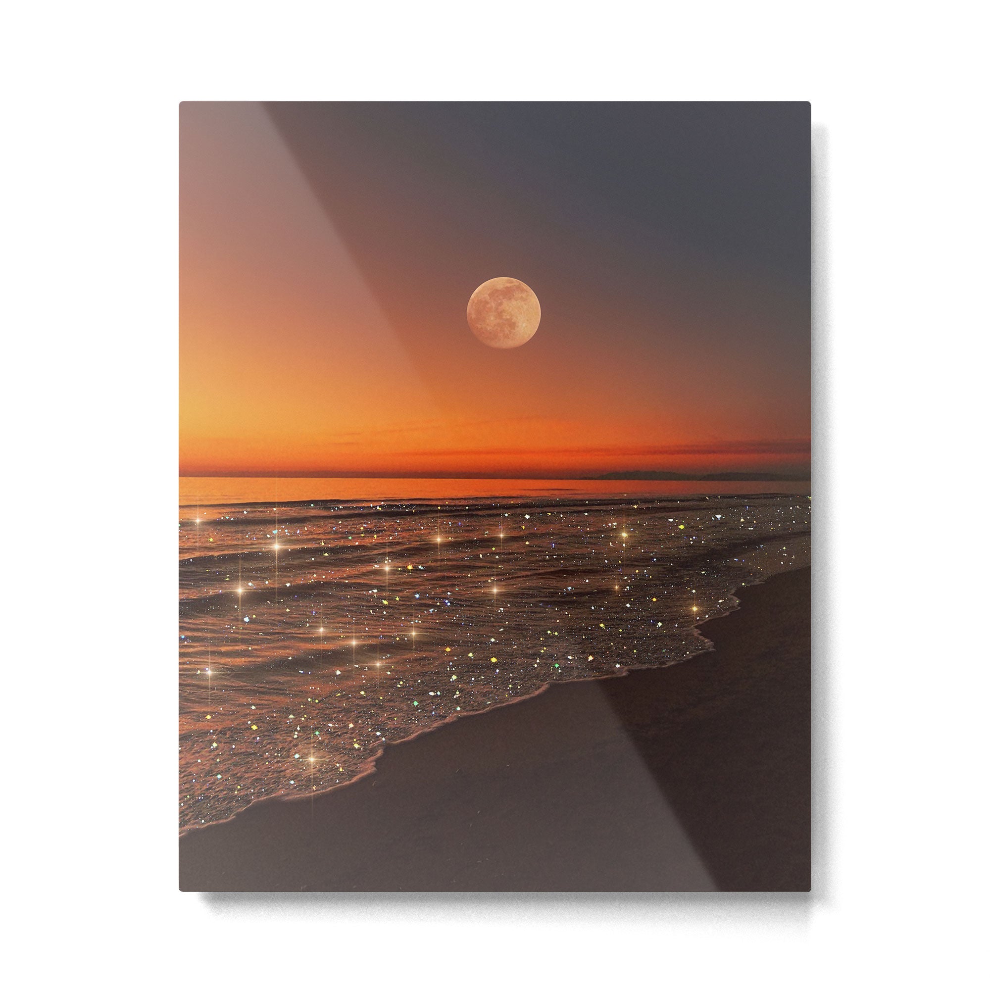 SUNSET WITH A FULL MOON | collage | nature | warm | ocean | sea | glitter | glow | waves | sky bling Metal Print Gallery Image 4