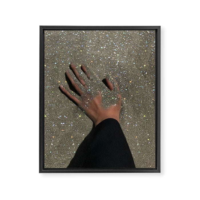 TOUCHING THE GOLDEN SAND | beach | summer | collage | glitter | warm | sunshine | summer | hand  Framed Canvas Print Gallery Image 1