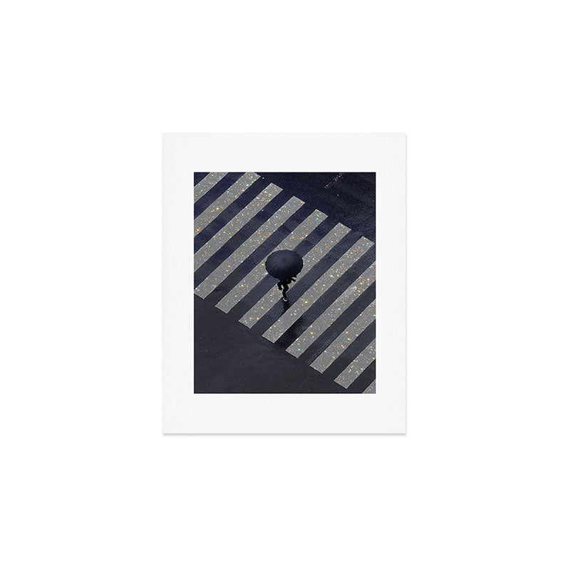Walking in the rain | rainy |  crosswalks | alone | umbrella | grey Art Print Gallery Image 1
