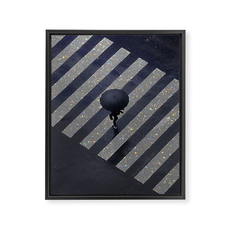 Walking in the rain | rainy |  crosswalks | alone | umbrella | grey Framed Canvas Print Gallery Image 6