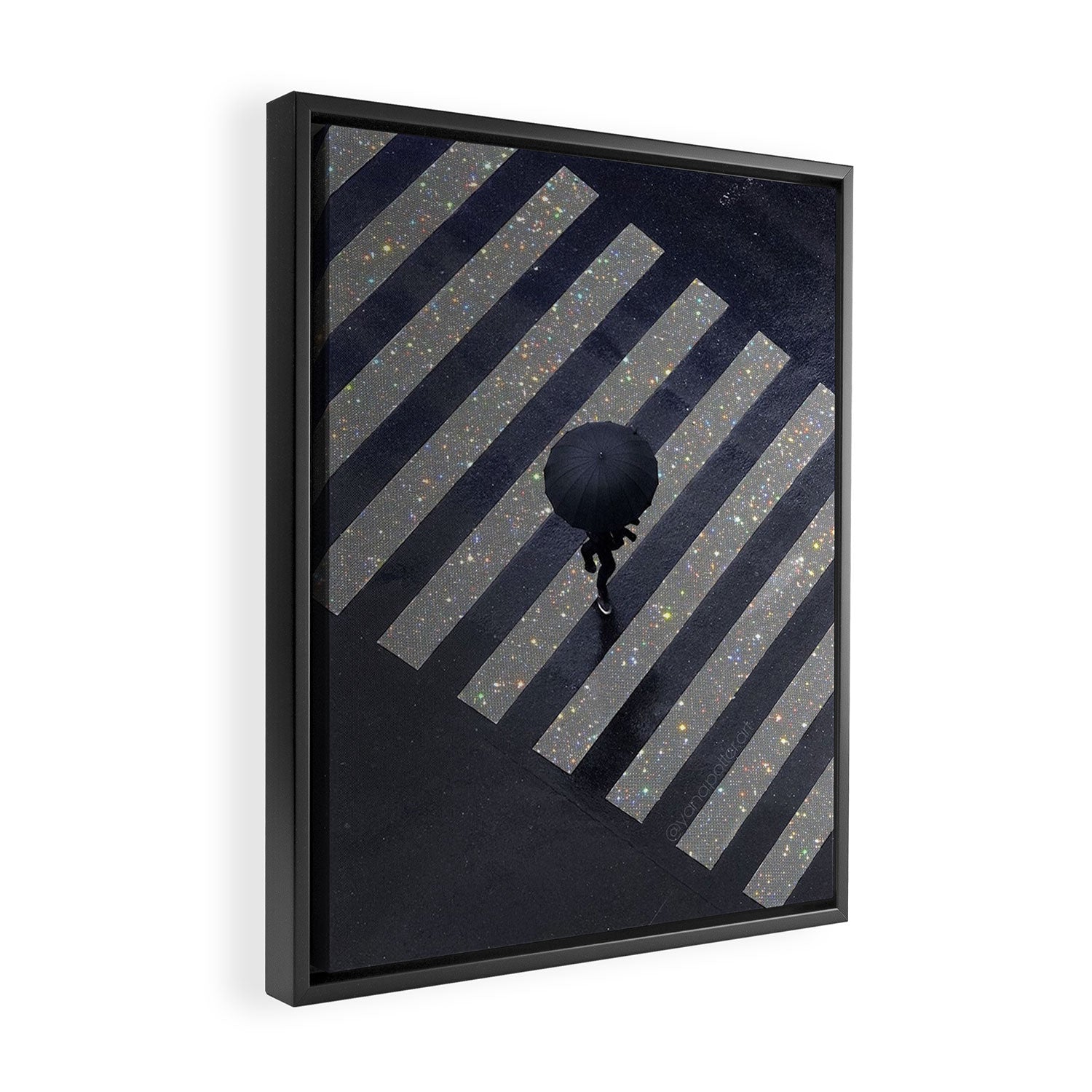 Walking in the rain | rainy |  crosswalks | alone | umbrella | grey Framed Canvas Print Gallery Image 2