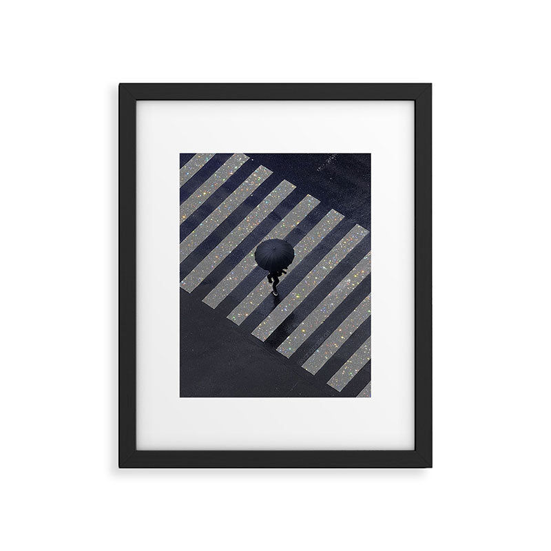 Walking in the rain | rainy |  crosswalks | alone | umbrella | grey Framed Art Print Gallery Image 5